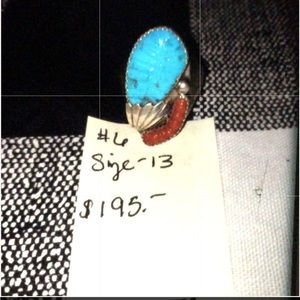 Native American Sterling Silver Turquoise and Coral Stone Ring